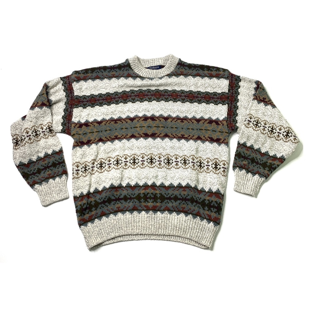 Vintage Chunky Knit Grandpa Hipster Sweater 90s 1990s Striped Nordic Fair Isle